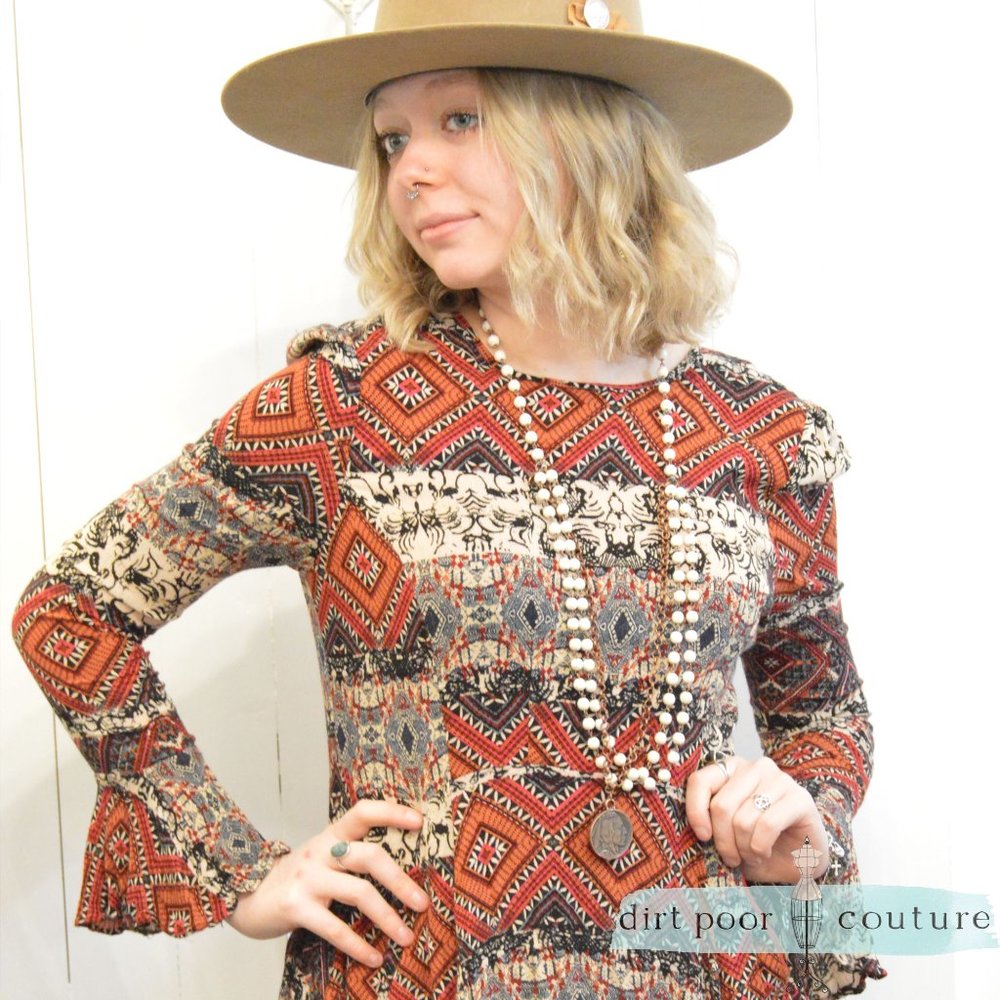 Retro Boho Fit and Flare Dress with Ruffled Bell Sleeves Size M